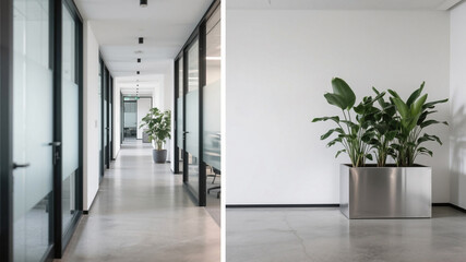 Split-view interior photograph featuring a blurred modern office hallway with glass walls on the left and a focused workspace on the right – perfect for business, corporate, and architecture use.


