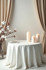 Elegant white table, cotton blooms, candles, light wall banner , comfort, style