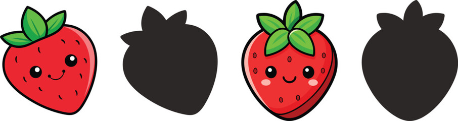 Obraz premium Cute cartoon strawberry with silhouettes fun kids game, A simple illustration featuring a kawaii strawberry and its silhouette suitable for children's activities