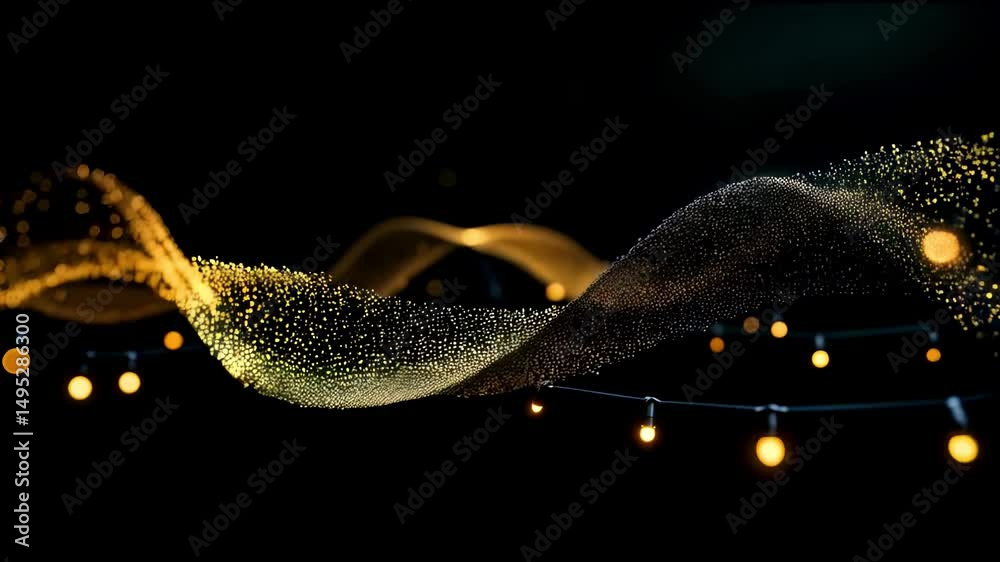 Wall mural festive gold particle wave animation with string lights on black background. luxury abstract motion 