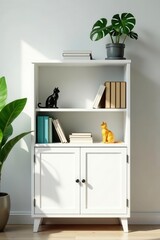 Modern white cupboard styled with books, cat figures & tropical leaf, minimalist poster mock-up , house, decor, white