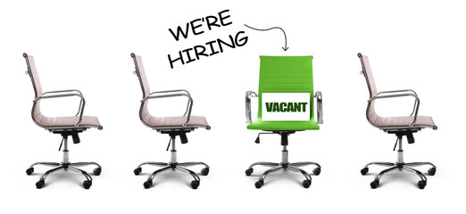 We Are Hiring. Green office chair with Vacant sign among empty ones on white background....
