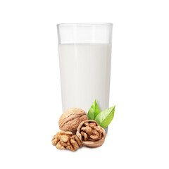 Nut milk in glass and walnuts isolated on white