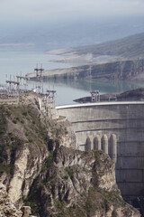 View of the Chirkeyskaya hydroelectric power station. Sulak Canyon. Dagestan.