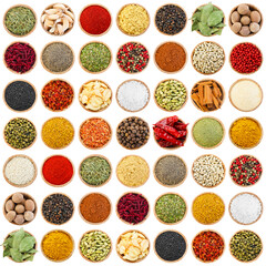 Different aromatic spices in bowls isolated on white, set. Top view