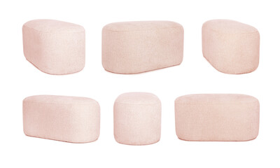 Pink beige pouf isolated on white, collage. View from different sides