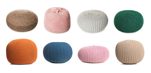 Different poufs isolated on white, collage. Interior element
