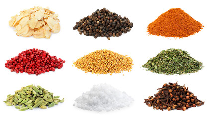 Different aromatic spices on white background, collage