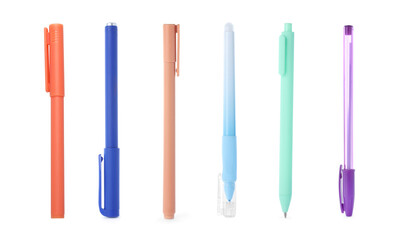 Different pens isolated on white, set. Stationery