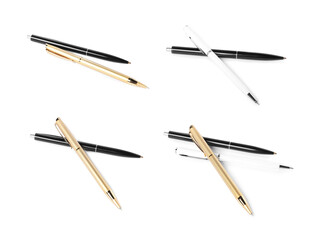 Different pens isolated on white, set. Stationery