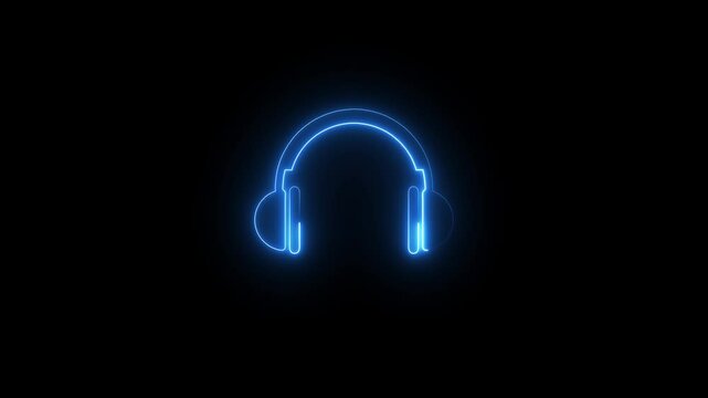 Glowing neon line Headphones icon. blue color neon headphone icon animation on black background .