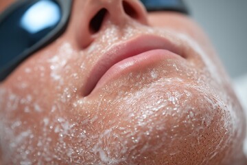 Fototapeta premium A handsome young man wearing glasses is having a laser hair removal treatment done on the sideburns area near his ear in a beauty salon using a specialized nozzle