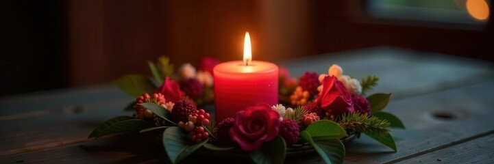 Simple advent wreath, one candle glowing Ample copy space , belief, peace, season