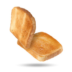 Slices of toasted bread in air o white background