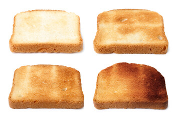Bread slices in different degrees of toast on white background, collage