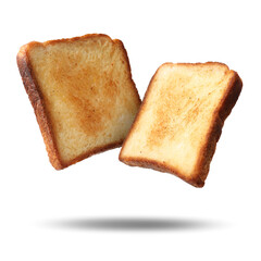 Slices of toasted bread in air o white background