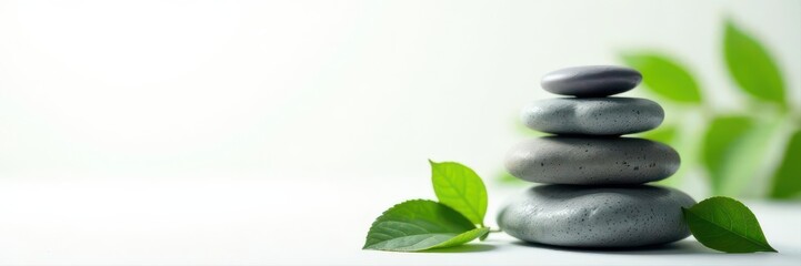 Fototapeta premium Smooth gray spa stones stacked with vibrant green leaves on pristine white background , beauty, clean, serenity