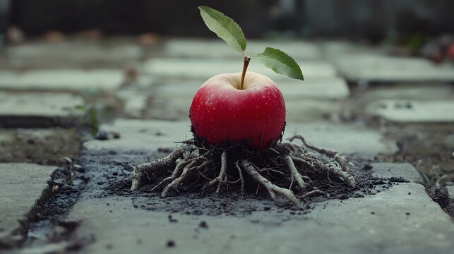Red  rooted in dark soil on paving stones.