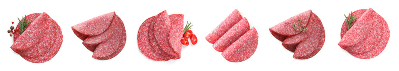 Salami sausage slices on white background, set. Top view