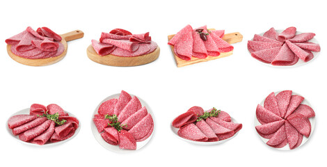 Salami sausage slices on white background, collage