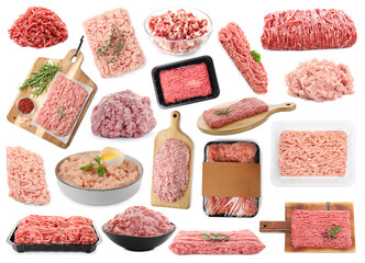 Fresh raw minced meat on white background, collage
