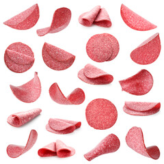 Salami sausage slices on white background, collage