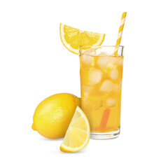 Refreshing ice tea with lemon in glass on white background