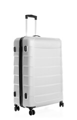 White suitcase for travelling on white background