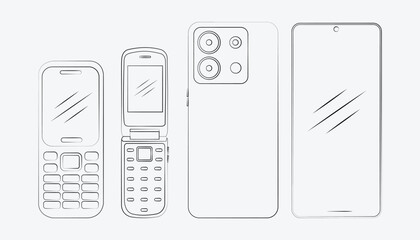 This is a line art illustration of different generations of mobile phones, from classic feature phones and flip phones to modern smartphones.