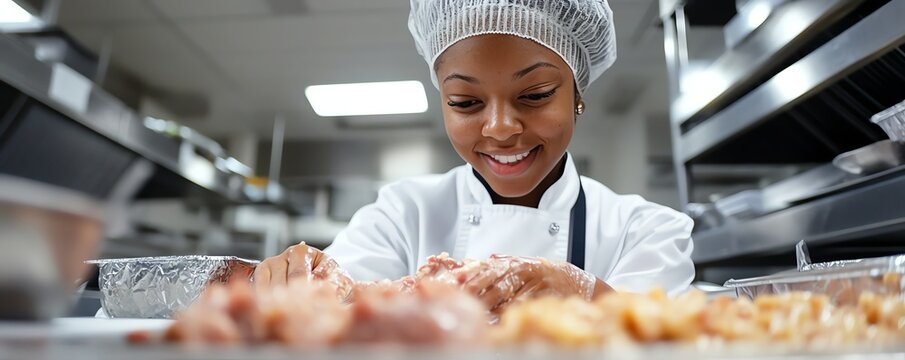 A culinary student skillfully plates a dish during a timed challenge, showcasing their creativity and technique in the kitchen.