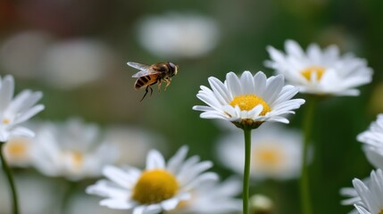 Obraz premium Honeybee flying among white daisies