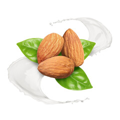 Nut milk splash, almonds and green leaves in air on white background