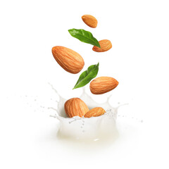 Almonds falling into splashing nut milk against white background