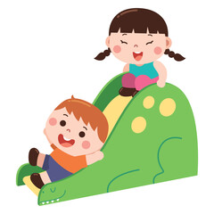 Children Sliding on Dinosaur Playground Slide