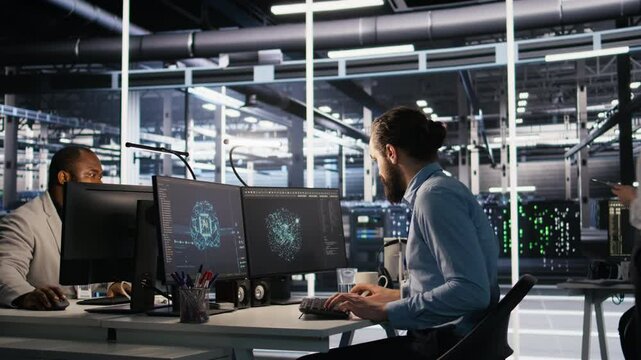 Data center system administrator talking with coworker in office while doing software updates. Server room IT expert and colleague chatting, optimizing infrastructure rackmounts configuration, camera