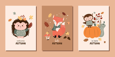 A set of modern flat autumn posters with cute animals. Funny hedgehog, fox and owl. Vector design for posters, backgrounds, postcards and more.