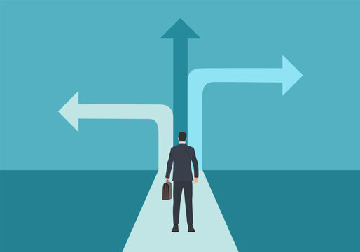 Business decisions concept. Vector of a perplexed businessman with question mark standing in front of arrows crossroads making a right choice. Career path and strategy.