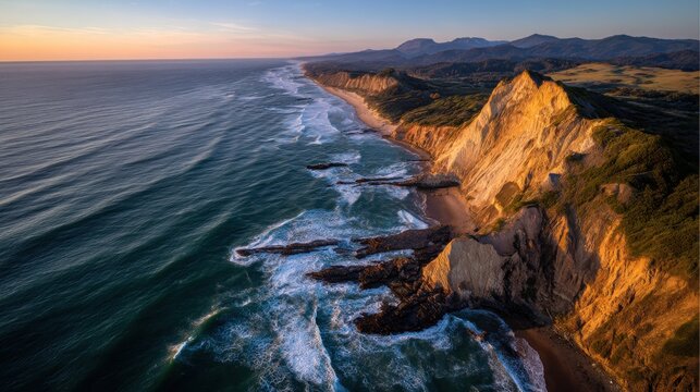Aerial View of Rugged Coastline at Sunset, Showcasing Environmental Awareness and Remote Travel Destinations, with Dramatic Cliffs and Ocean Waves : Generative AI