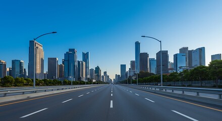 Naklejka premium Driving into the future: City skyline view from the highway under blue sky