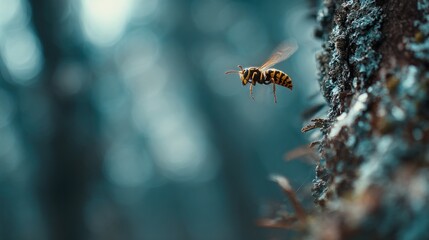 Honeybee in flight near forest background