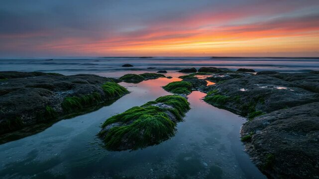 Sunset at a tide pool with algae covered rocks