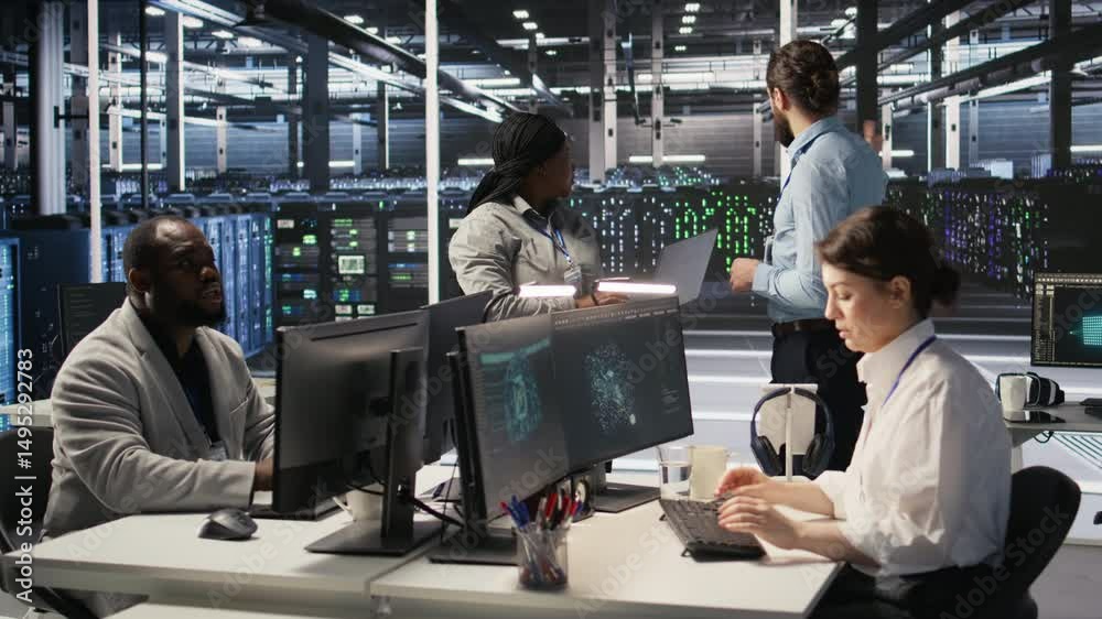 Poster data center engineers performing maintenance on blade server units used for artificial intelligence 