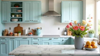 Pastel Kitchen Island with Flowers and Oranges - Modern Home Decor