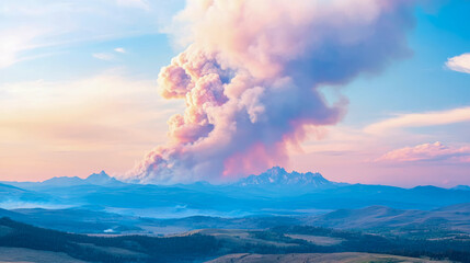 Fototapeta premium Landscape depicting a towering plume of smoke rising above distant mountains during a wildfire at sunset