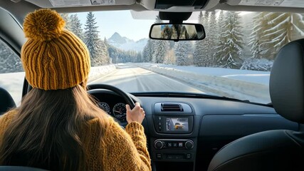 Woman holding steering wheel driving a car at slippery countryside road at winter. defensive driving courses advertisement. back view. winter car trip