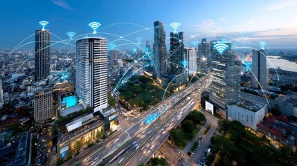Smart city at dusk with digital connectivity and skyscrapers