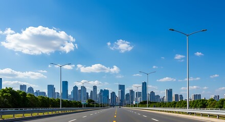Fototapeta premium Highway Leading to a Modern City Skyline Under a Bright Blue Sky
