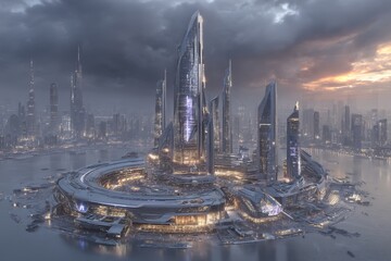 A city at night with numerous tall buildings and a central street, depicted in a retrofuturistic cinematic matte painting style