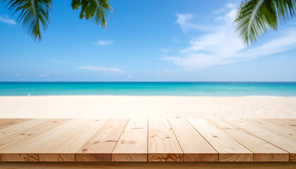 Wooden Plank Floor on Sandy Beach with Calm Sea and Blue Sky – Summer Product Display