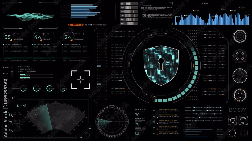 Fototapete motion graphic of blue digital security shield with head up display hud ui and futuristic abstract b